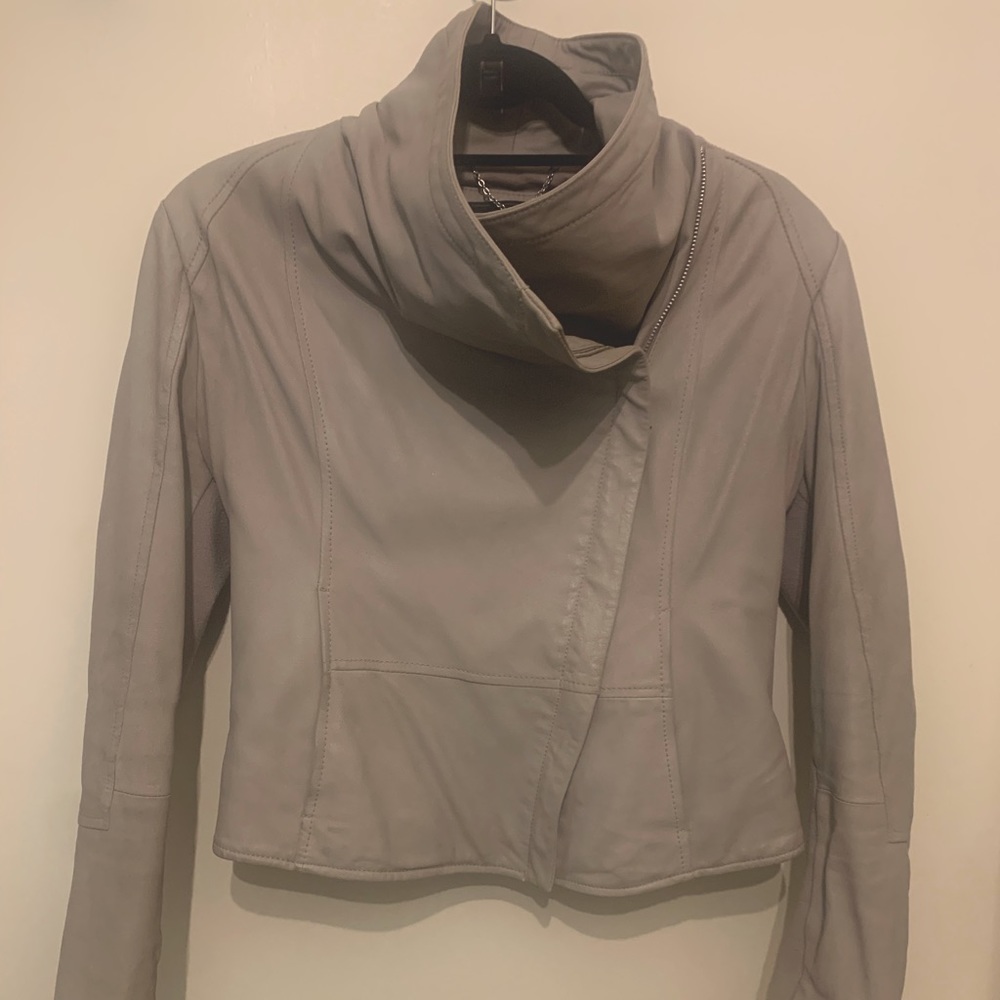 BCBG size S grey leather jacket